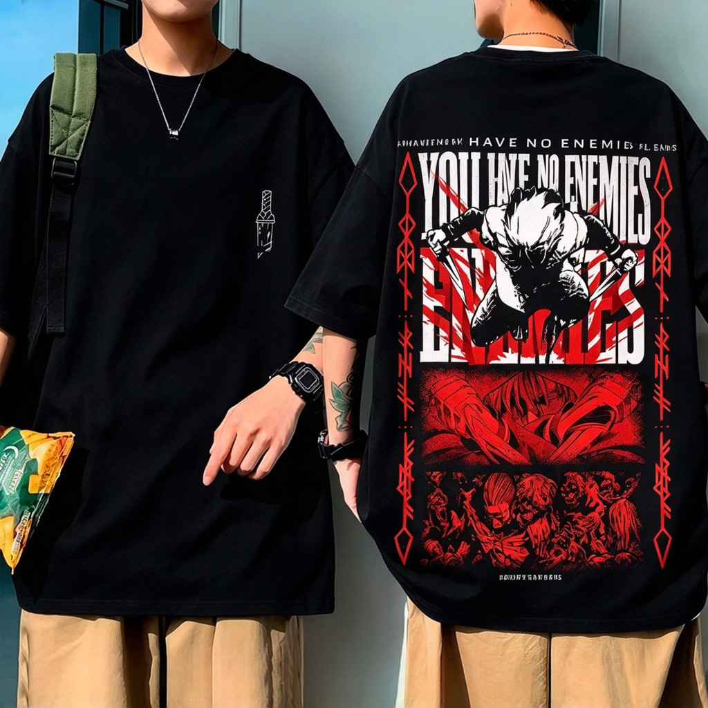 Camiseta Unisex de Alta Qualidade, Design com Estampa Gráfica de Anime Estilizada em tons Vermelho, Preto e Branco, Text