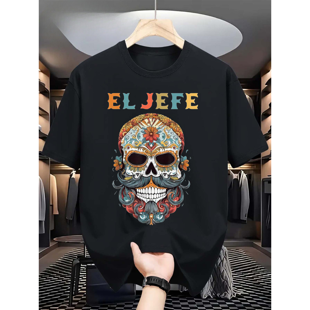 Camiseta Confortáveis Masculina Mexican Sugar Skull Day Dead Spanish Text Cultura Confortável Estilosa Vibrante Casual