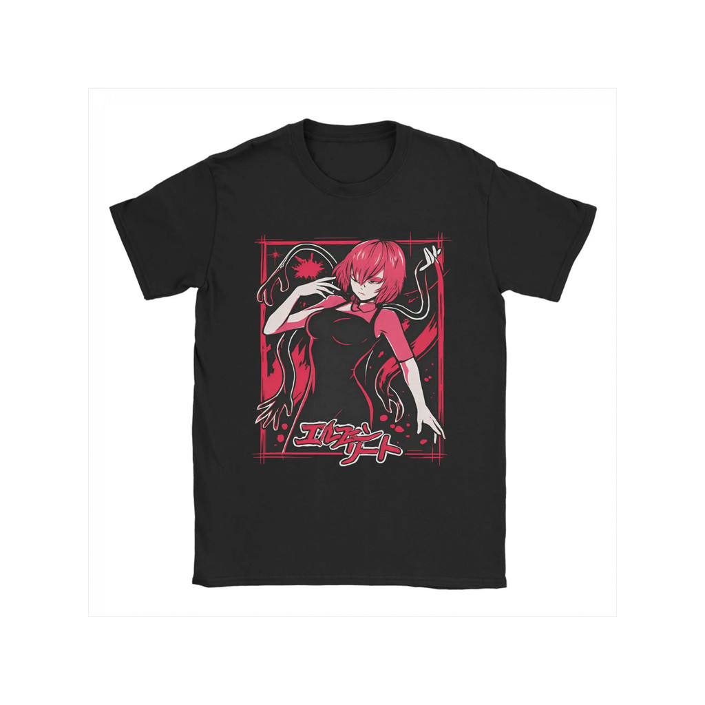 Camiseta Masculina Elfen Lied Anime Manga Text Logo Personagem Vermelho Loose Fit Streetwear Confortável