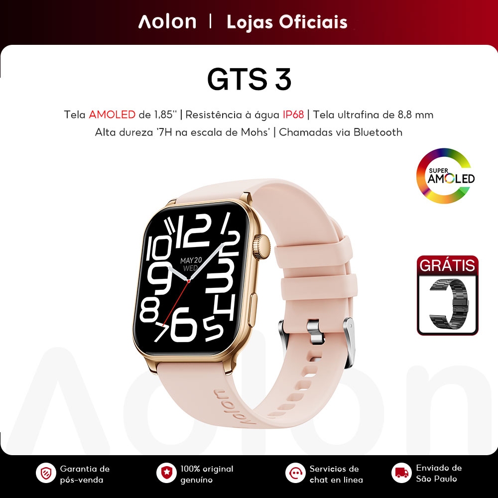 Aolon GTS3 Relogio Feminino Smartwatch Tela AMOLED Display AOD Lembrete do ciclo menstrual 300Amh longa duração Monitora