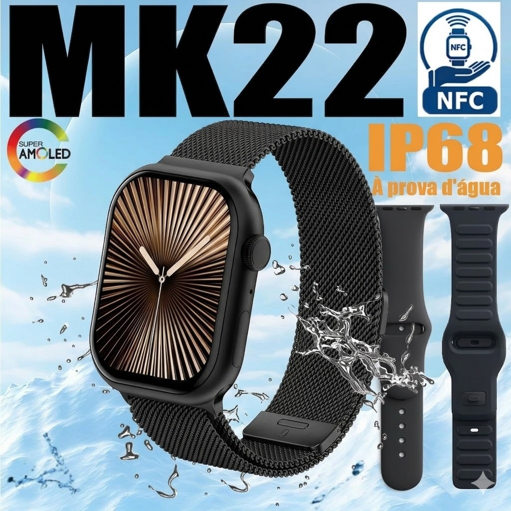 Smartwatch MK22 Premium, Tela AMOLED, IP68, NFC, Monitor de Saúde e Bateria Longa Duração