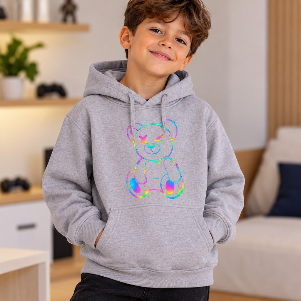 Moletom Masculino Infantil Blusa De Frio Canguru Capuz Estampa Urso Neon Colorido Algodão Quentinho