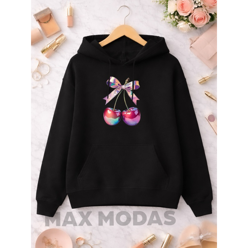 Moletom Feminino Casaco Estampa Nova Neon Cereja Do G1 ao G5 Com Capuz e Bolso
