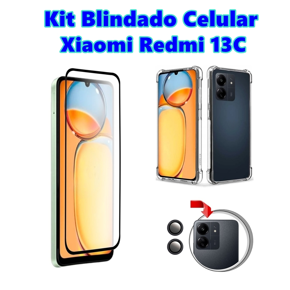Kit Blindado Celular Redmi 13C Capa Anti Impacto + Película 3D Xiaomi + Película Para Câmera Bolinha Protetora