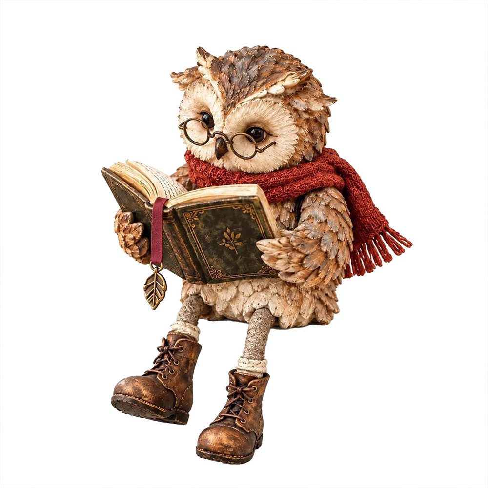 Reading Owl Figurine, Resin Craft Ornament With Scarf And Glasses, Cute Sitting Owl Statue For Home Decoration
