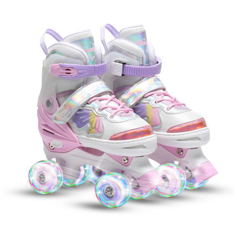 Patins 4 rodas infantil quad, led com ou sem kit protecao, patins ajustavel borboleta rodinha led