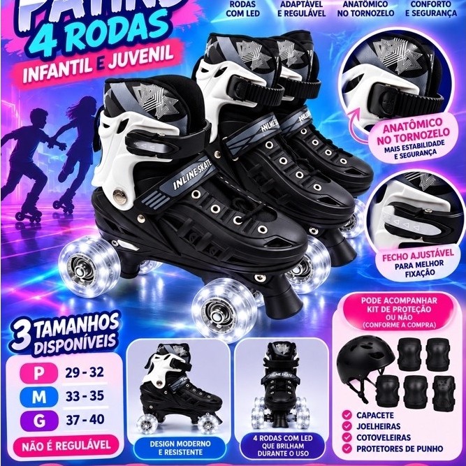 Patins infantil, juvenil quad 4 rodas com led, preto e branco, diversão sem fim
