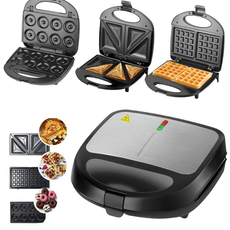 3 Em 1 Portátil Sanduicheiras Waffle Donuts Fast Antiaderente 110V/220V Pés Antiderrapantes