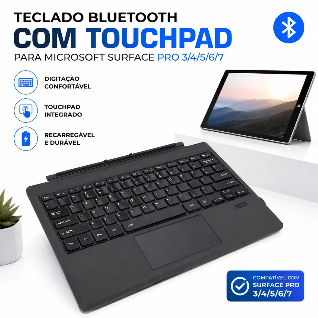 Teclado Bluetooth Com Touchpad Para Microsoft Surface Pro 3 4 5 6 E 7 Recarregável