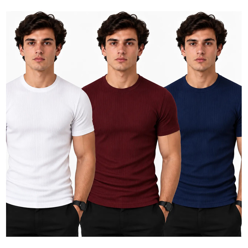 Kit 3 Camiseta Masculina Canelada Gringa Manga Curta Slim