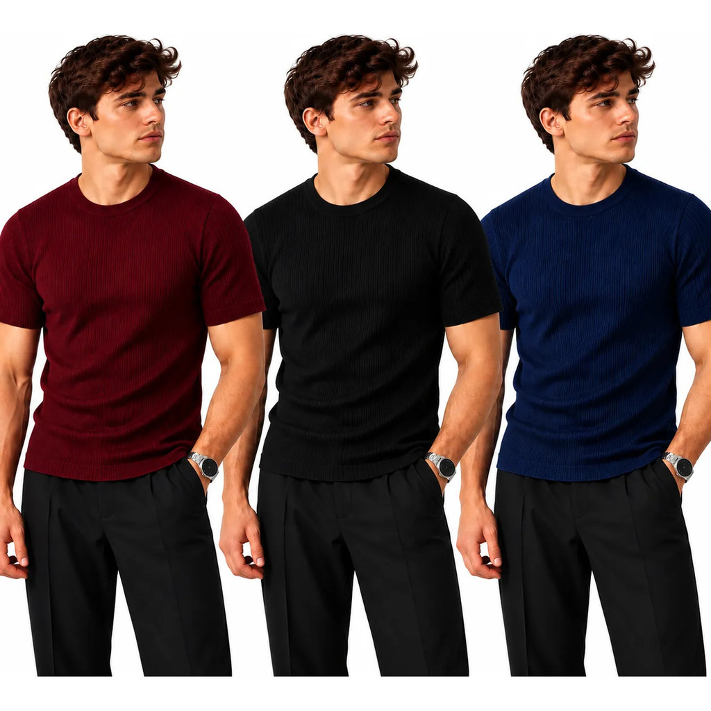 Kit 3 Camiseta Masculina Slim Canelada Gola Alta Manga Curta