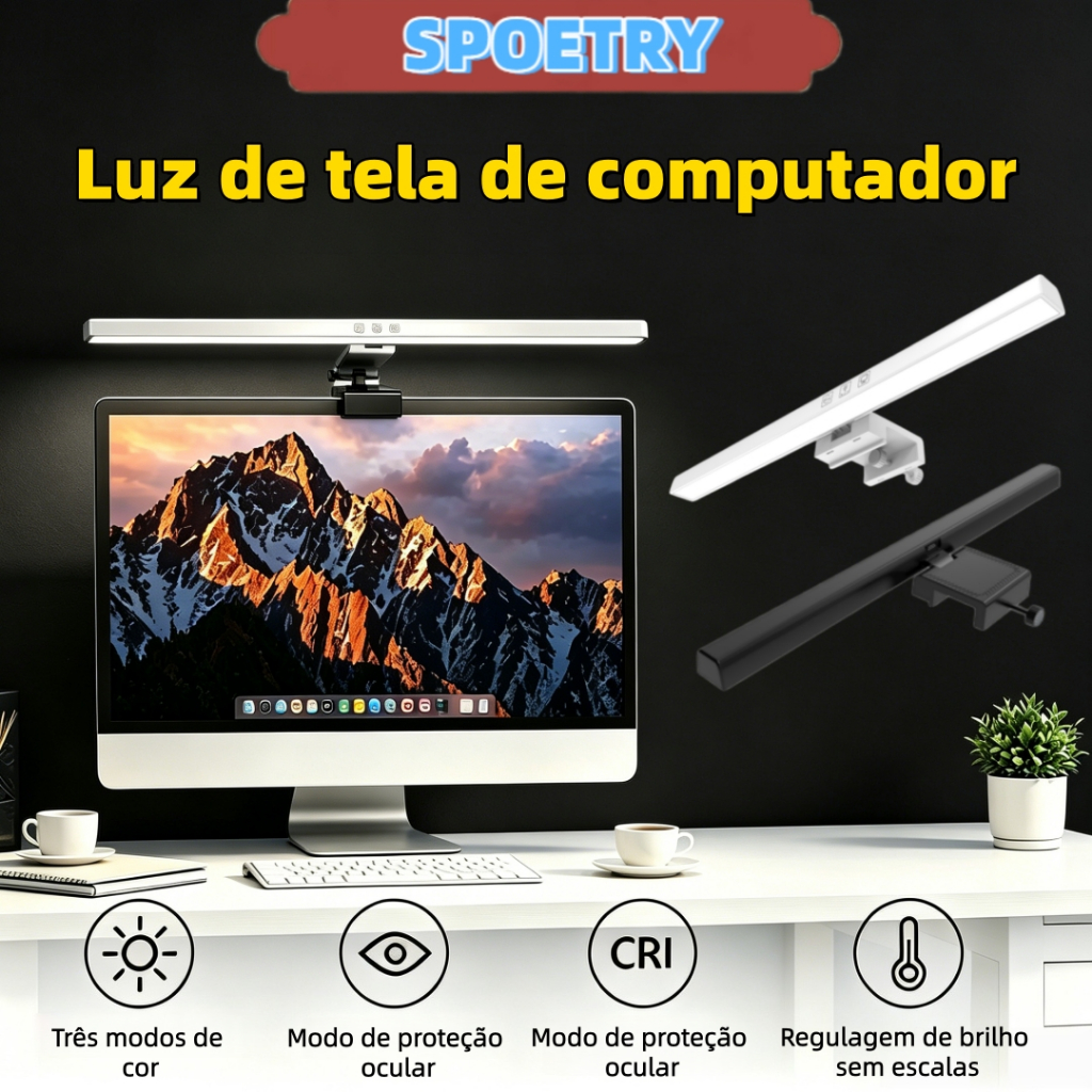 Barra de luz LED USB para monitor, 3 cores ajustáveis, antirreflexo e proteção ocular, 33/50 cm ideal para home office
