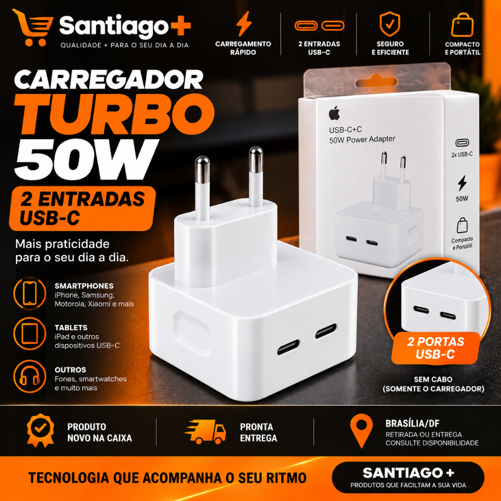 Carregador Turbo 50W USB-C Duplo 2 Portas Tipo C Carregamento Rápido para iPhone Samsung Android iPad