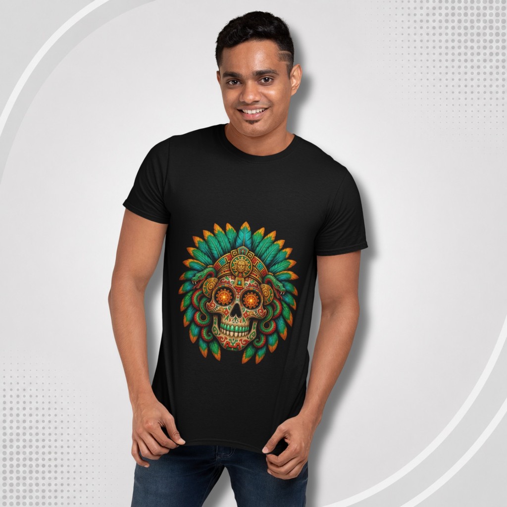 Camiseta Caveira Tribal Verde e Laranja – Skull Unissex Premium