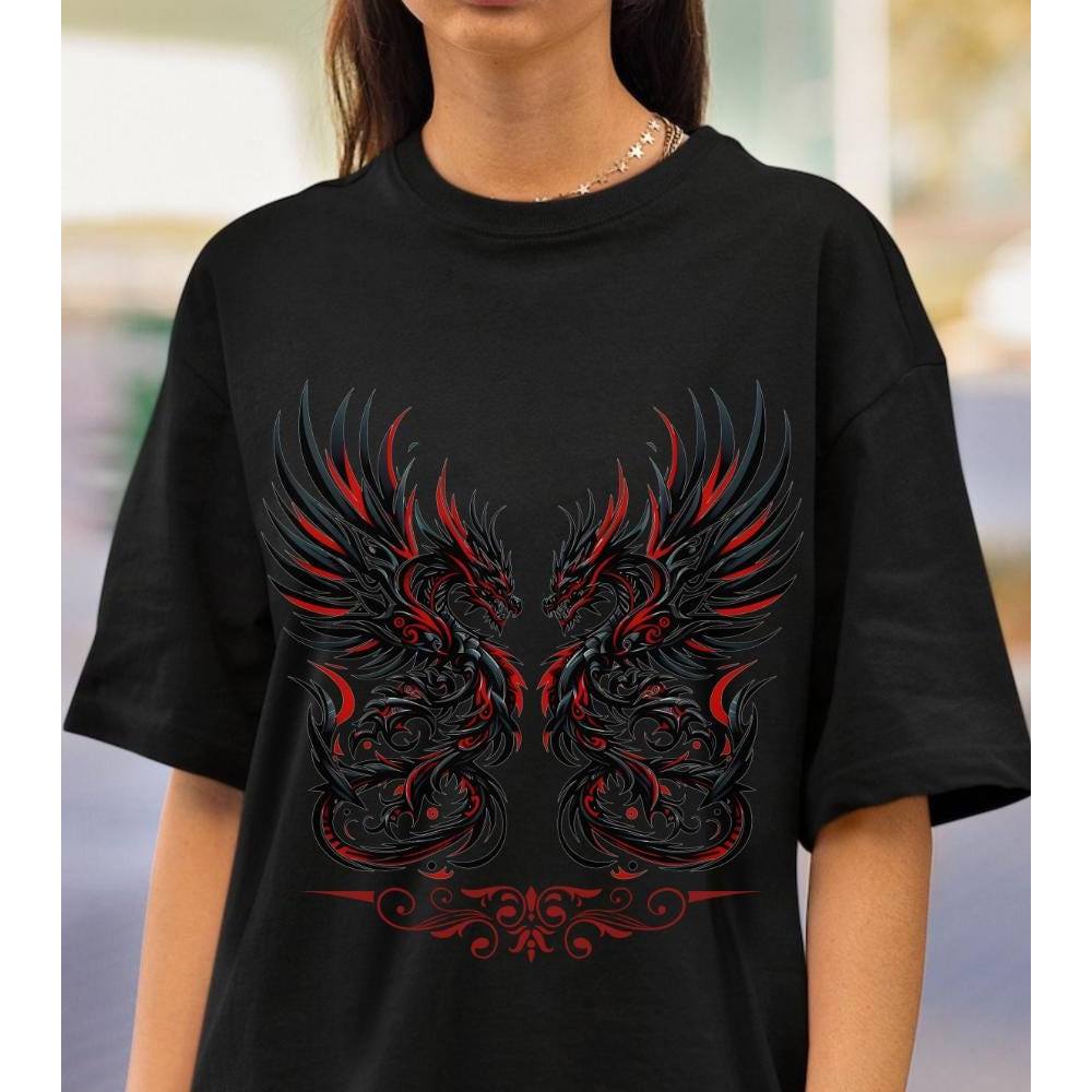Camiseta Masculina Feminina Estampa Dragão Vermelho e Preto Arte Tribal T-shirt Unissex Streetwear Premium Algodão