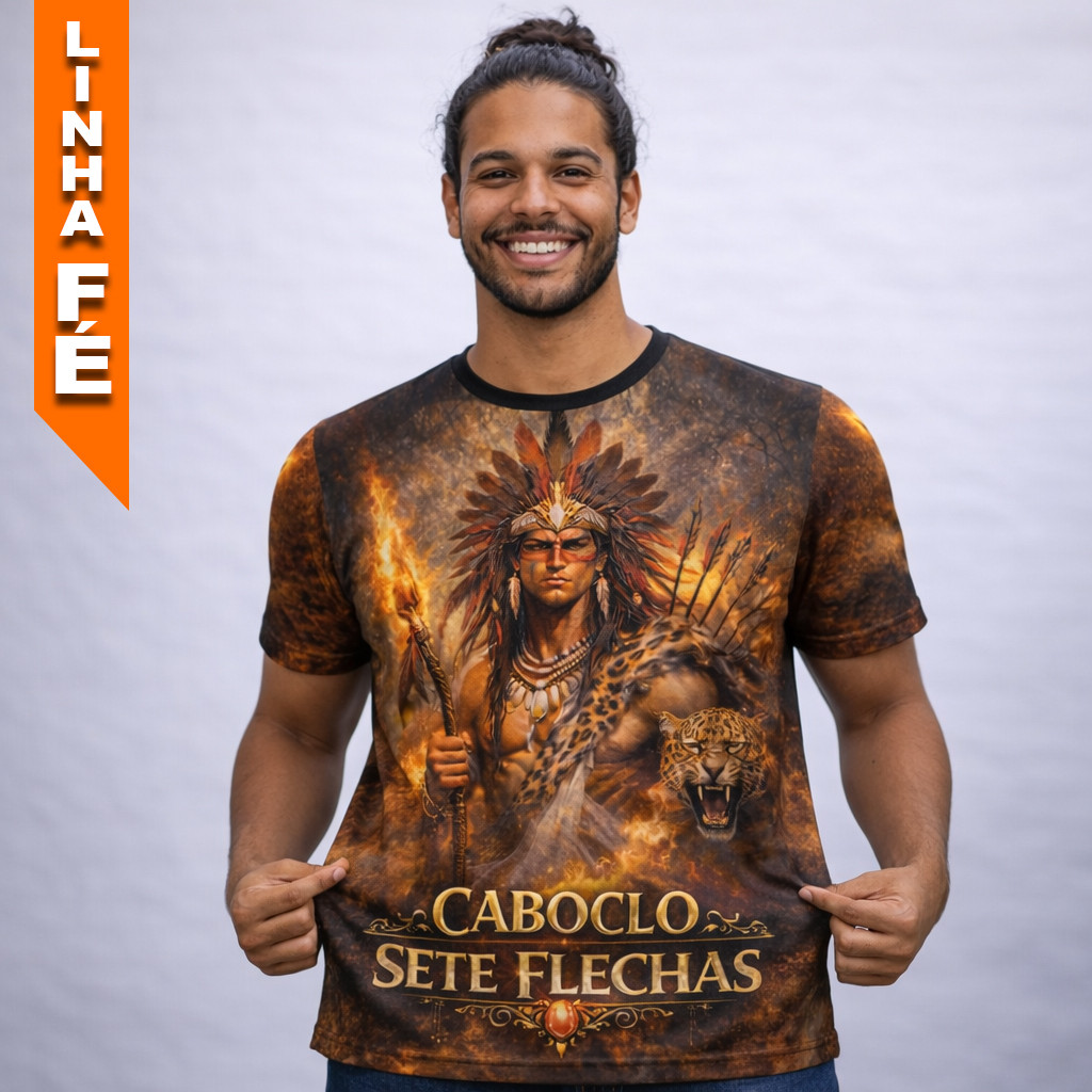 Camisa Umbanda Estampada Caboclo Sete Flechas Camisa Candomblé Tribal Afro Unissex Estampa Premium