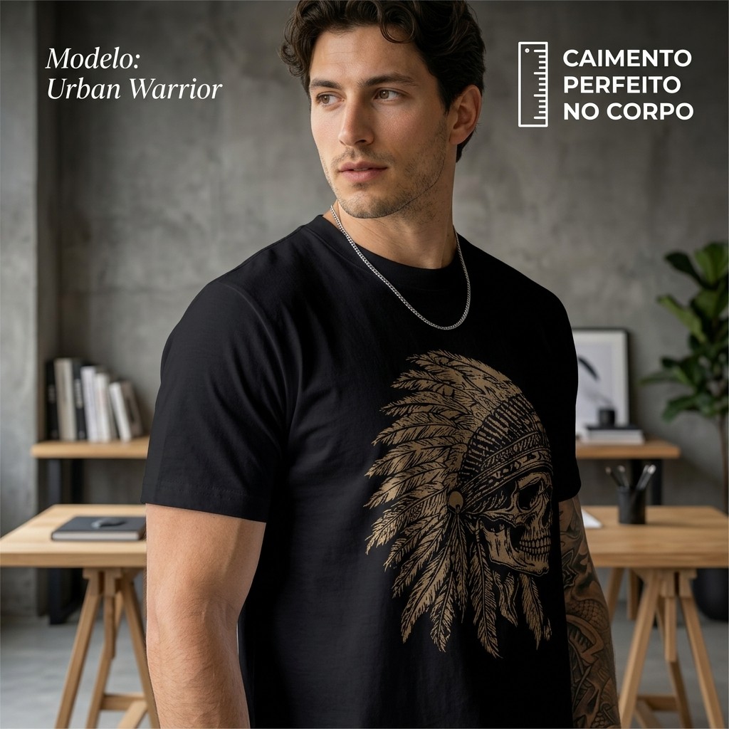 Camiseta Caveira Índio Masculina Streetwear Estampa Skull Tribal Algodão Premium