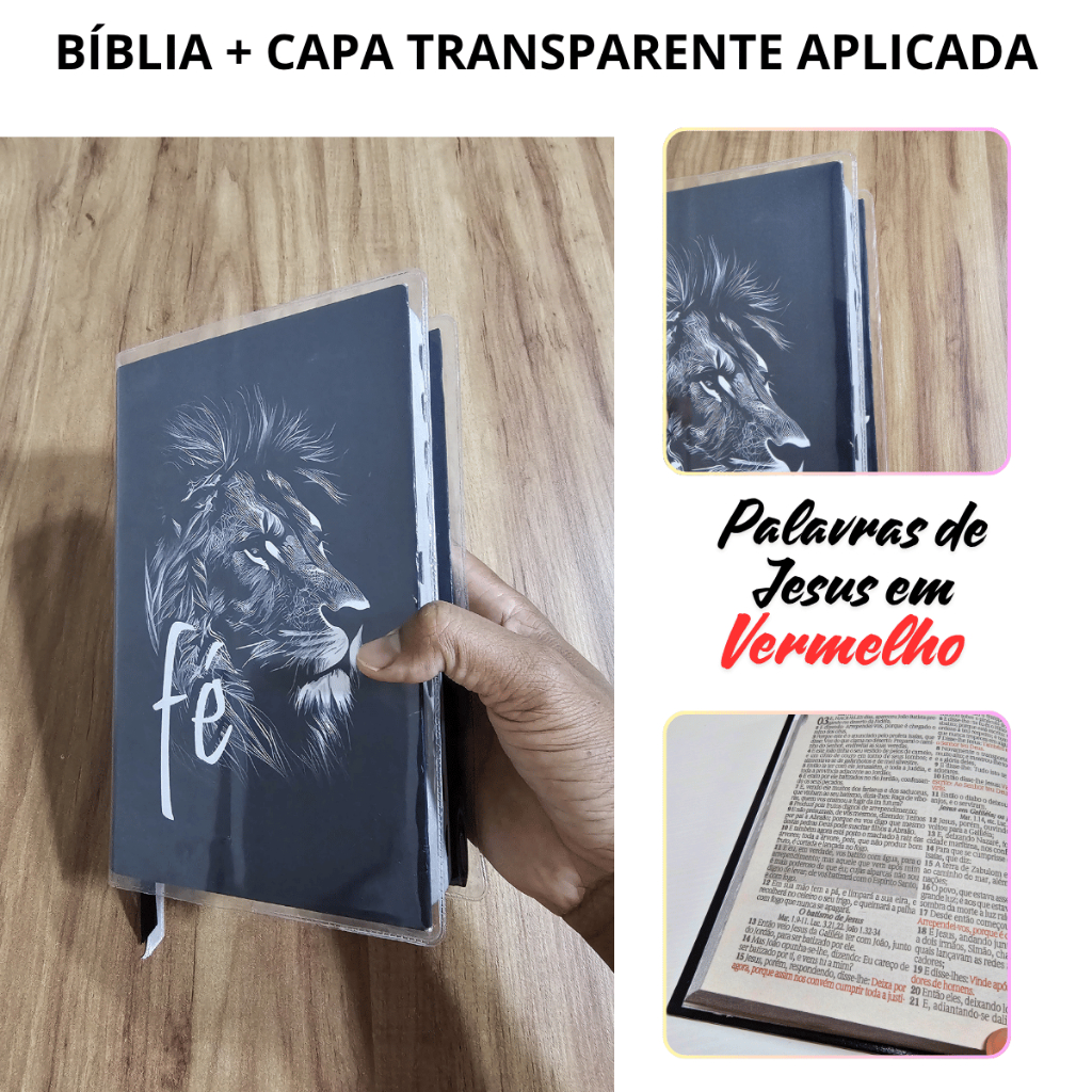 Bíblia + Capa Transparente APLICADA Masculina Feminina Média Palavra Jesus Vermelho Capa Dura Índice