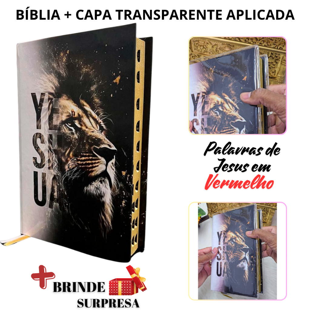 Bíblia + Capa Transparente APLICADA Letra Média Palavra Jesus Vermelho Capa Dura Harpa Cristã Índice