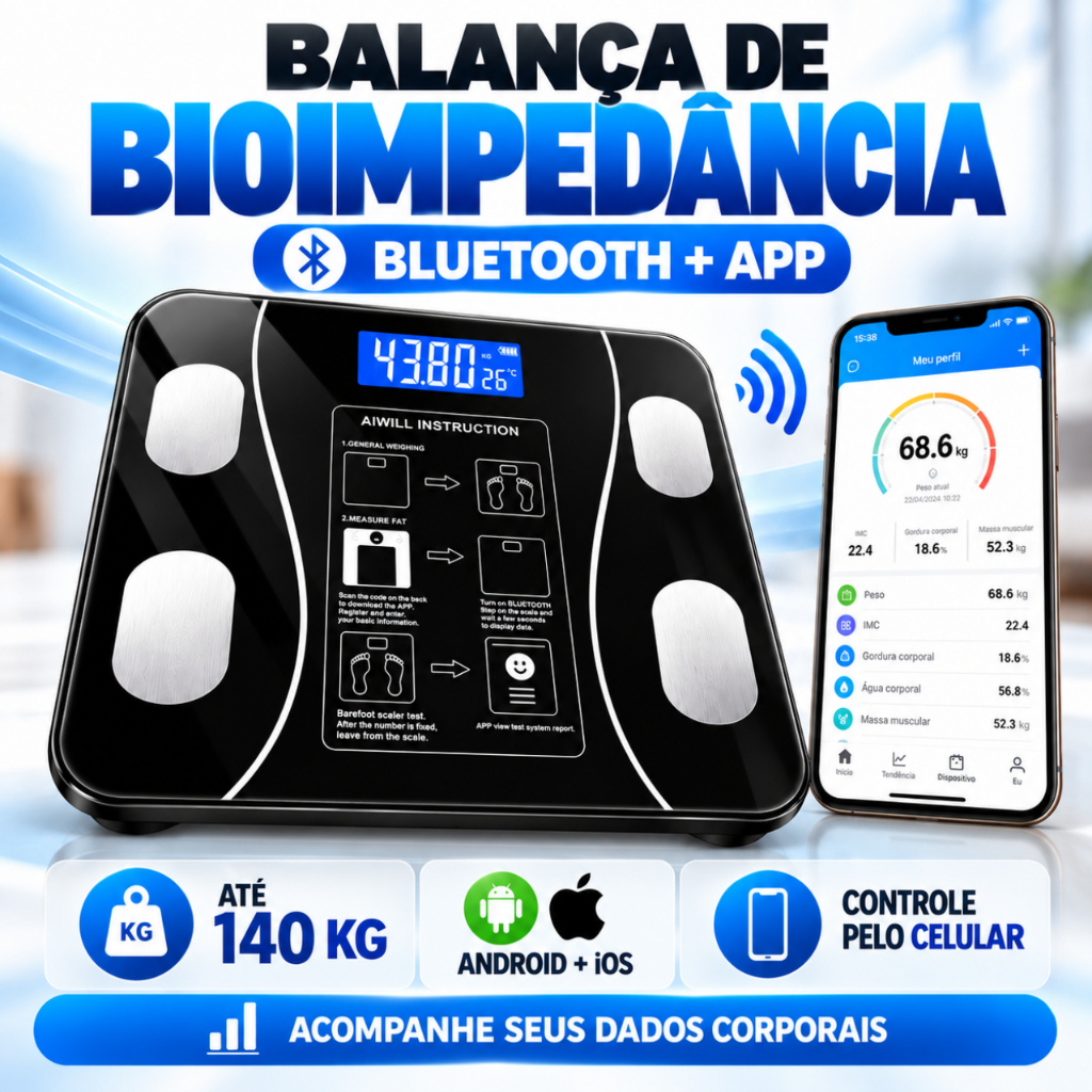 Balança Bioimpedância Digital Inteligente Bluetooth App 140kg Gordura Massa Muscular Android iOS