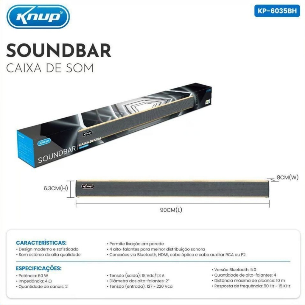 Caixa de Som TV Knup KP-6035BH Soundbar 60W Bluetooth HDMI Óptico P2 RCA Bivolt Estéreo 4 Falantes