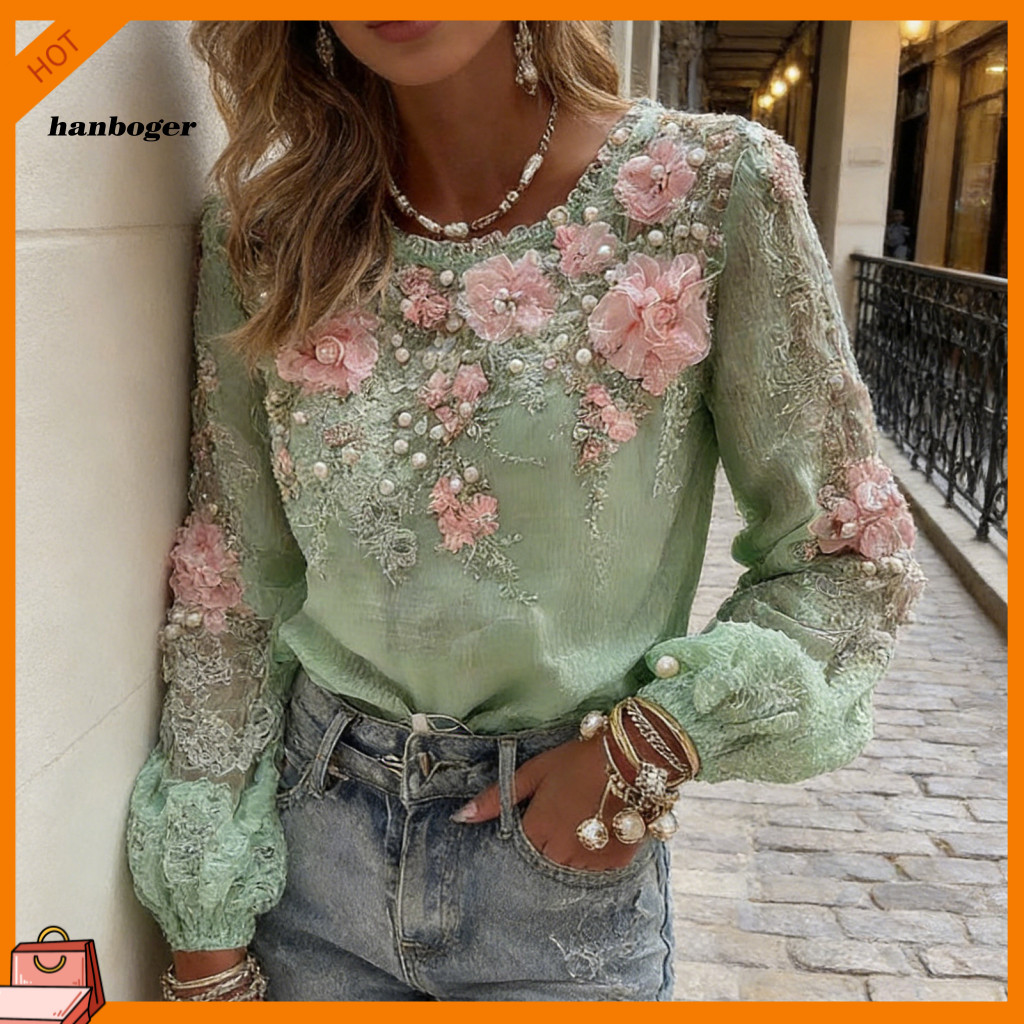 Loose Round Neck Shirt Women Retro Tops Women’s Long Sleeve Tee Fit Pullover with 3d Flower Print and Faux Pearls Styl
