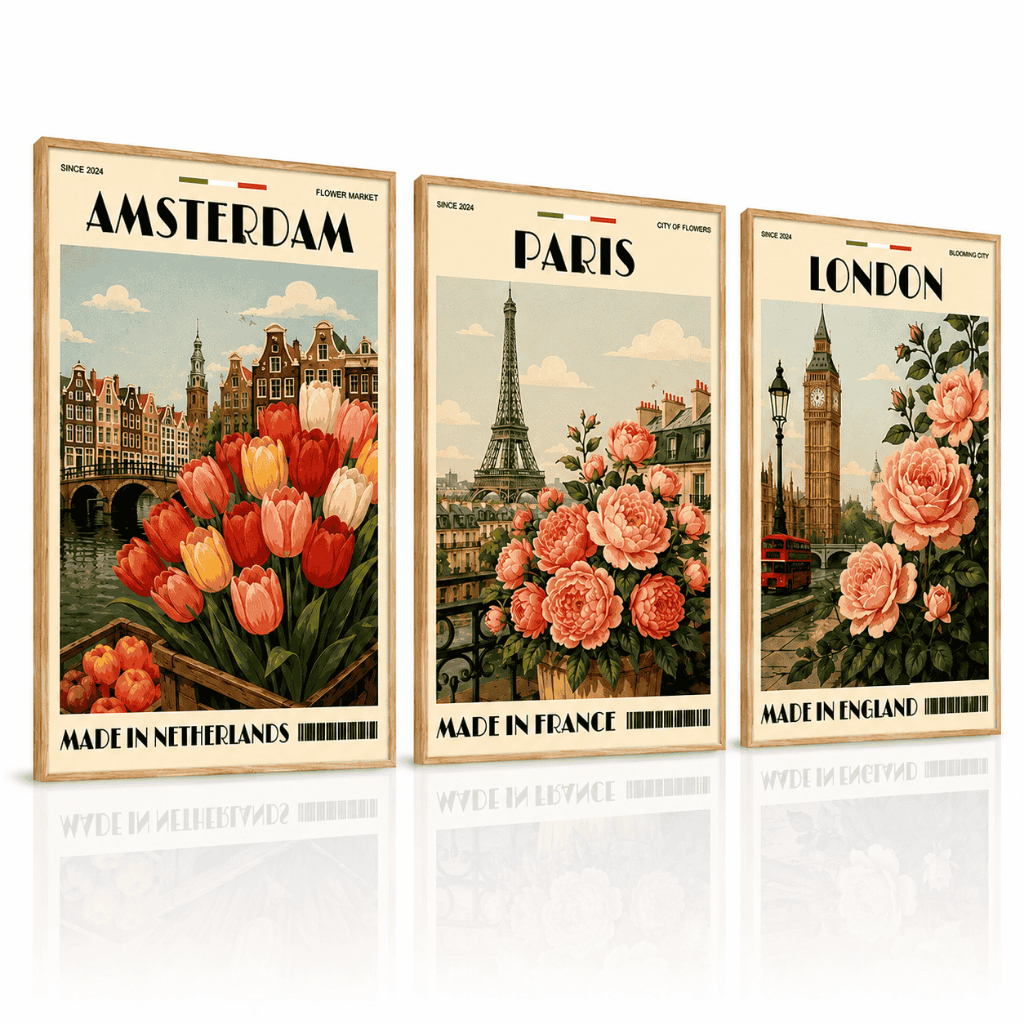 Quadros Decorativos 3 Peças Tríptico Flores e Cidades Europeias Amsterdam, Paris e London