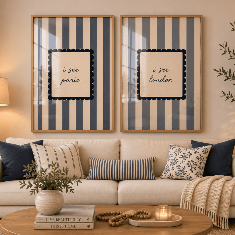 Kit 2 Quadros Decorativos Listras Azul Navy Paris London Minimalista