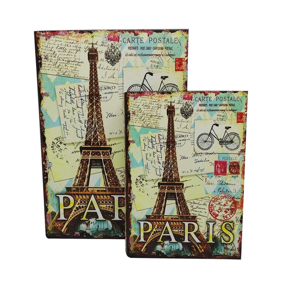 Conjunto Com 2 Caixas Em Formato De Livro Decorativa Em Madeira Paris/ França/ Torre Eiffel/ London/ England/ Big Ben