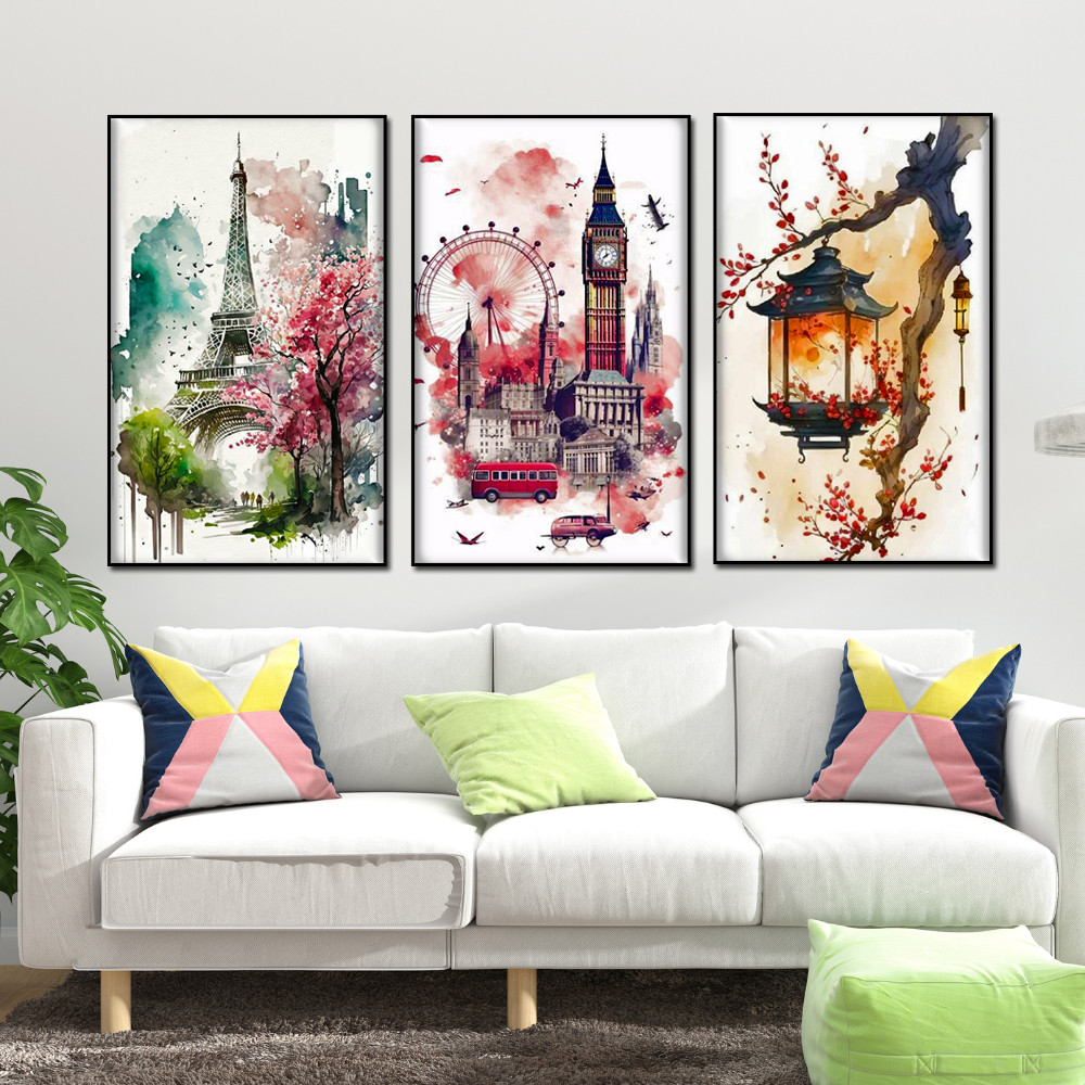 QUADRO DECORATIVO KIT 3 PEÇAS CITY PARIS TORRE EIFELL LONDRES LONDON CIDADES RETRÔ DECORAÇÃO MDF 4K