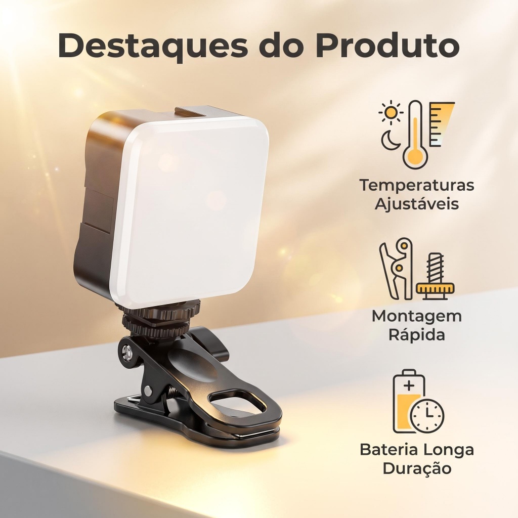 Luz Fill Light LED Portátil para Celular Vídeos e Selfies Regulável 3000K até 5500K