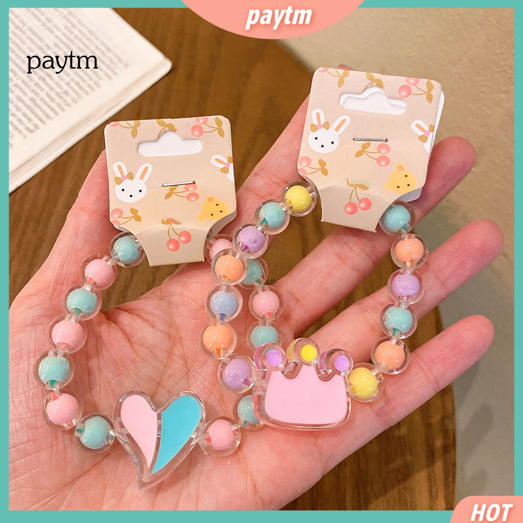 Soft Pastel Kids Bracelet Macaron Color Beads Elastic with Cartoon Watermelon Lollipop Egg Charms – Lightweight Cute f