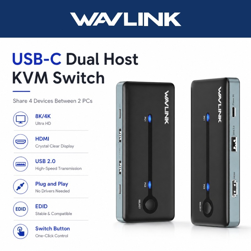 WAVLINK USB-C HDMI KVM Switch 8K @ 60Hz/4K 144Hz Divisor Com EDID Adaptativo Para Windows/Mac OS