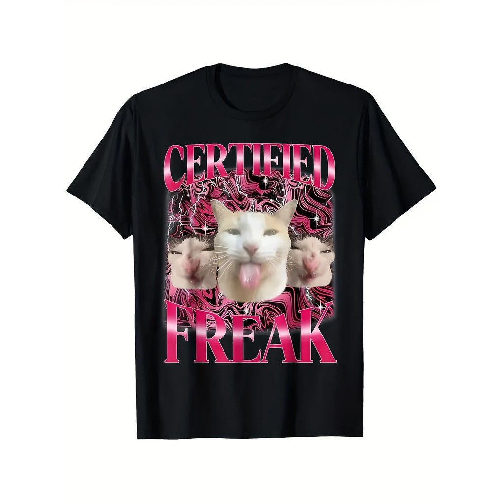 Camiseta 100% Algodão Camiseta Masculina Certified Freak Cat Meme Pink Paws Design Confortável Divertida Fofa Casual