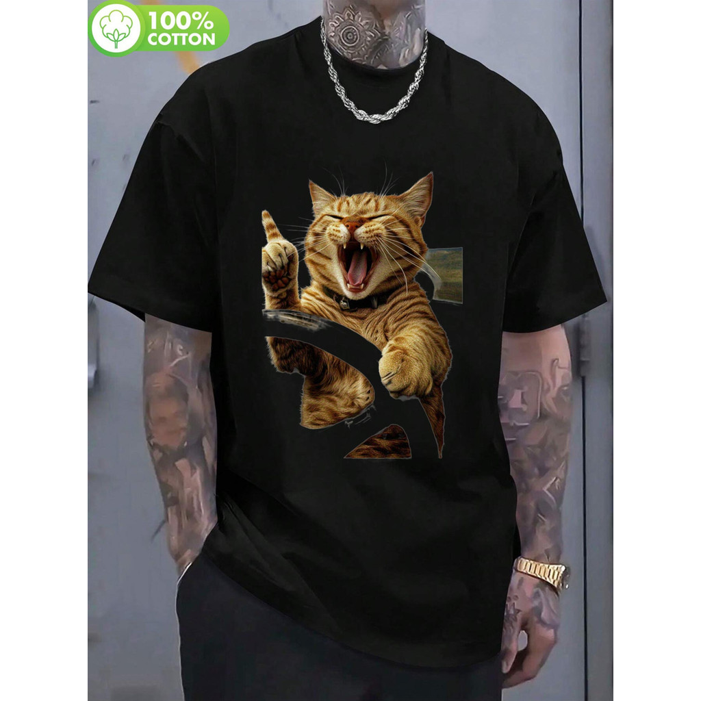 Camiseta T-shirt Algodão Camiseta Casual Black Tee Yawning Cat Design Confortável Fofa Divertida Estilosa Casual