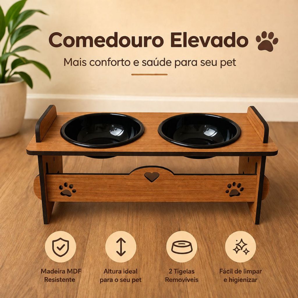 Comedouro Elevado Suspenso Pet Duplo Individual MDF 6mm Gato Cachorro Dog Cat  Design PREMIUM