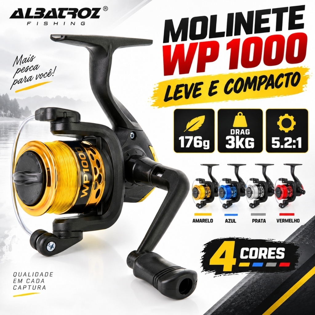 Molinete Albatroz Fishing WP 1000 176g Drag 3kg Gear Ratio 5.2:1 Manivela Bilateral para Pesca