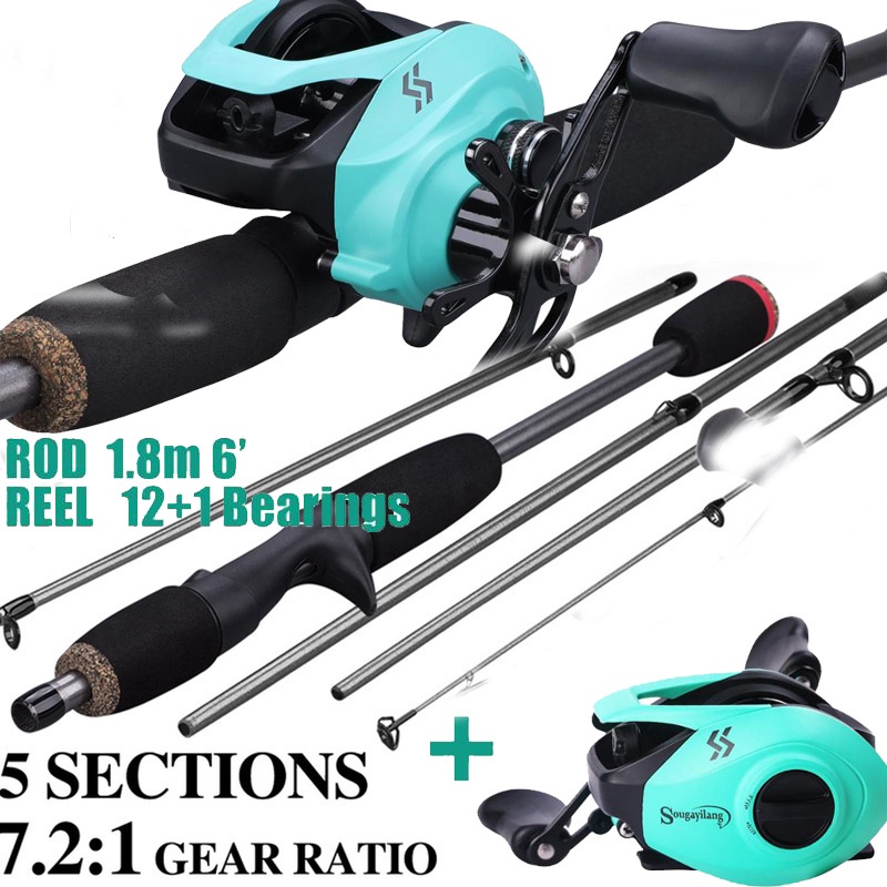 Vara de pesca com carretilha Sougayilang 1.8M 5 Sections 12+1 Ball Bearings 7.2:1 Gear Ratio Max Drag 10KG