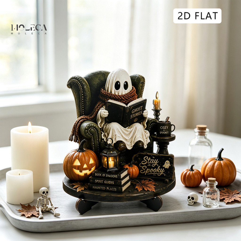 Halloween Table Decorations Artistic Desk Decor Ghost Figurine Wooden Vintage Ornament with Stand – Spooky Desktop Dec