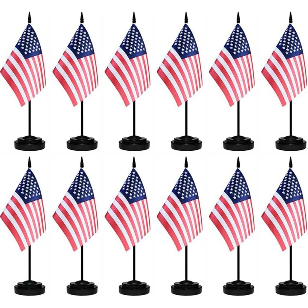 12 Pcs USA Desk Flags Set, American Small Mini Table Office Mini Desktop Flag With Black Flagpole and Black Base For Hom