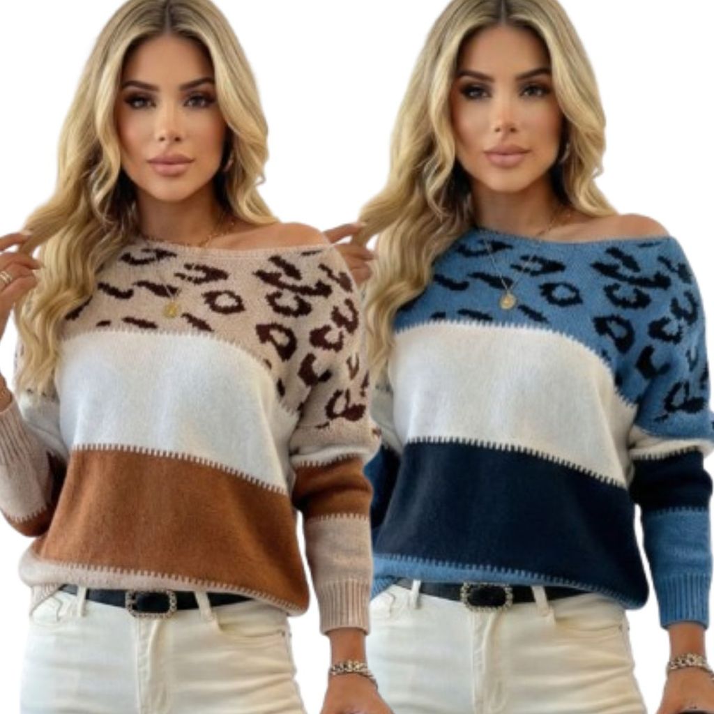 Kit 2 Blusa Feminina de Tricô Onça  Manga Longa Animal Print Color Inverno Luxo Tendência