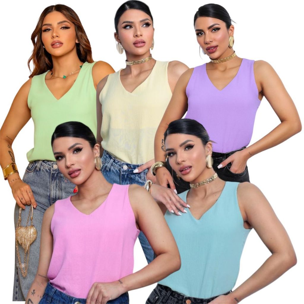 Blusa Regata Feminina Decote V | Estilo Influencer Alça Larga 💖 Leve, Moderna e Color Candy