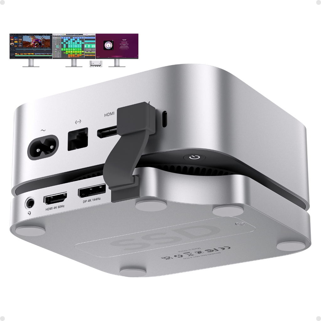 Base Dock PULWTOP para Mac mini M4 com DP 4K144Hz, HDMI 4K60Hz e gabinete para SSD M.2 NVMe; sem interferência de Wi-Fi