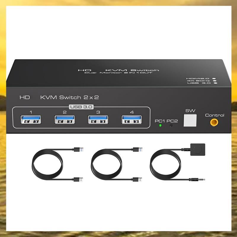 (Vko)-Switch KVM Habilitado 2 Monitores 2 Computadores 4K60Hz Para Suporte De Exibição Dupla PC Duplo Ou Acessório De Co