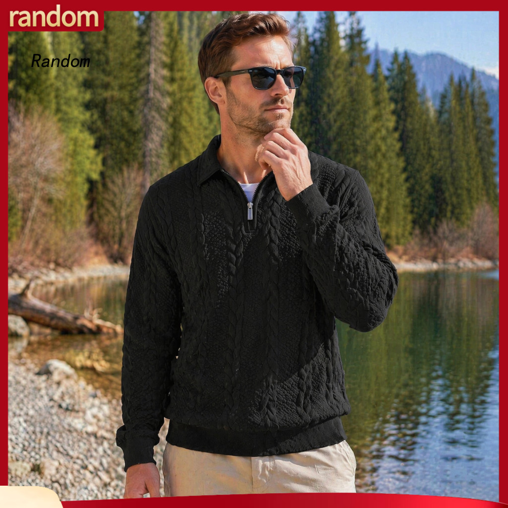 Versatile Men Fashion Pullover Basic Solid Color Top Men's Quarter-zip Sweatshirt Long Sleeve Turndown Collar Casual Shi