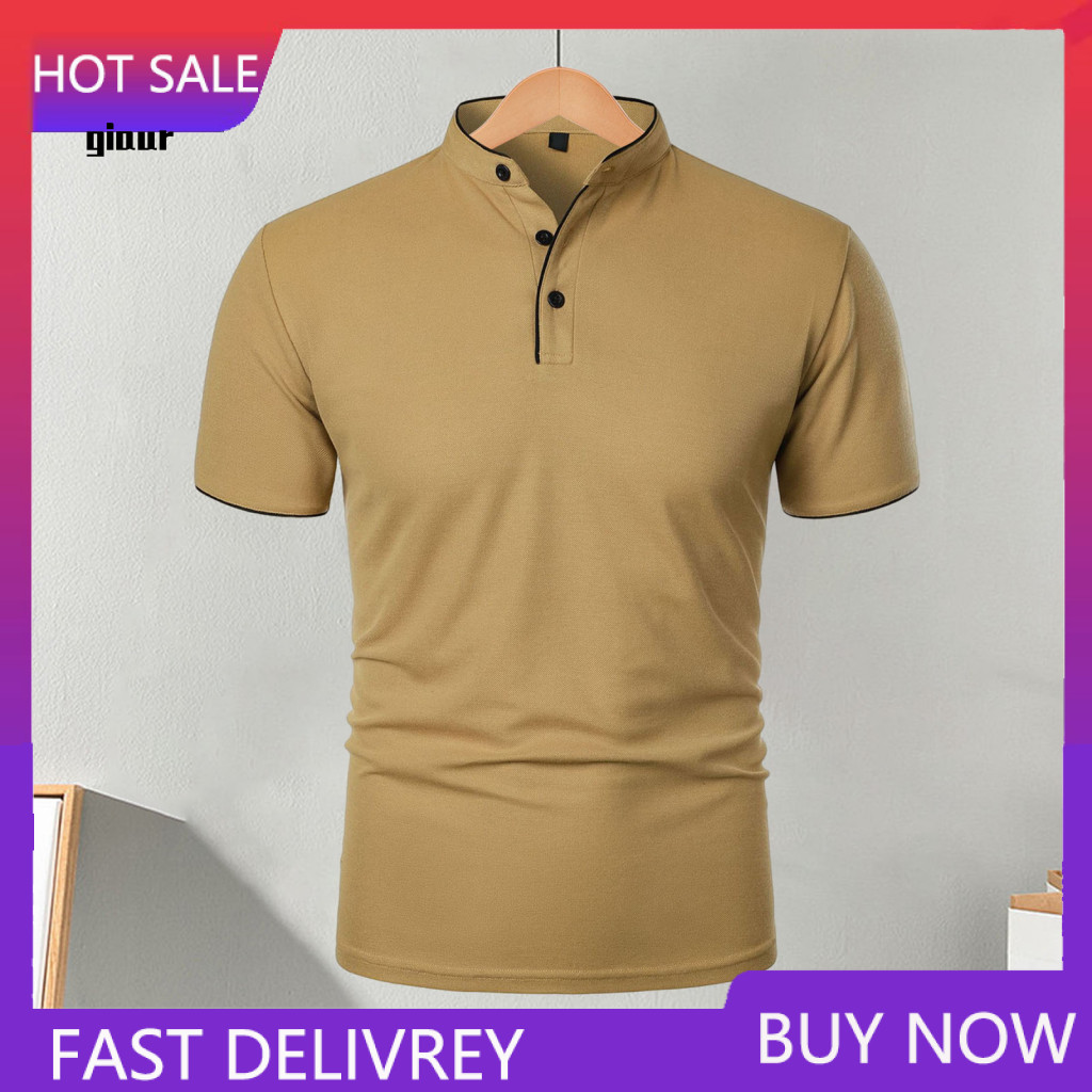 Casual Men Tops Stylish Half-stand Collar Tee Men's Short Sleeve T-shirt Solid Color Basic Regular Fit for Sports Travel
