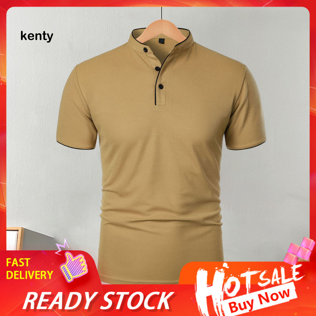 Casual Men Fashion Top Tops Men's Short Sleeve T-shirt Half-stand Collar Solid Color Basic Tee Regular Fit for Sports Tr