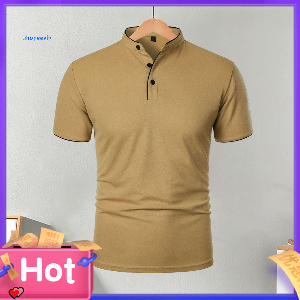 Classic Design Men Top Casual Tops Men's Short Sleeve T-shirt Half-stand Collar Solid Color Basic Tee Regular Fit for Sp