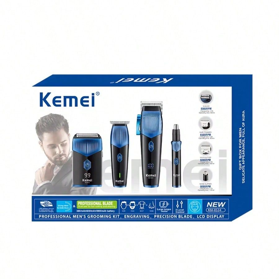 km-8534 4 In 1 Barber Cordless Hair Clipper Full Set Electric Hair Clipper Trimmer Rechargeable Shaver Nose Hair Trimmer