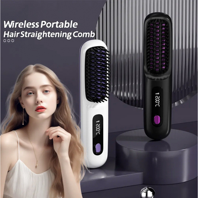 Novo High-End LCD sem fio alisamento de cabelo pente estilo recarregável pente elétrico alisador de cabelo portátil íons